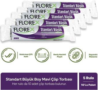 Florex Standart Büyük Boy Mavi Çöp Poşeti X 5 Rulo