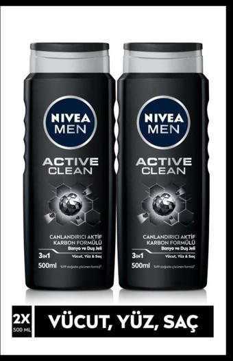 Nivea Men Erkek Duş Jeli Active Clean 500Ml, 3'Ü 1 Arada Komple Bakım, Vücut Saç Yüz, Erkek Bakım, X2 Adet