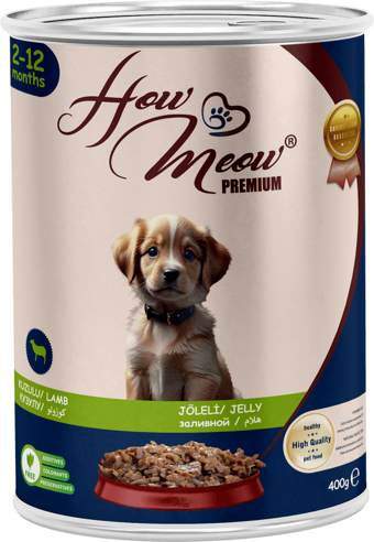 HOW MEOW 12 ADET JÖLELİ PARÇA ETLİ YAVRU KÖPEK YAŞ MAMASI KUZULU 400 GRAM