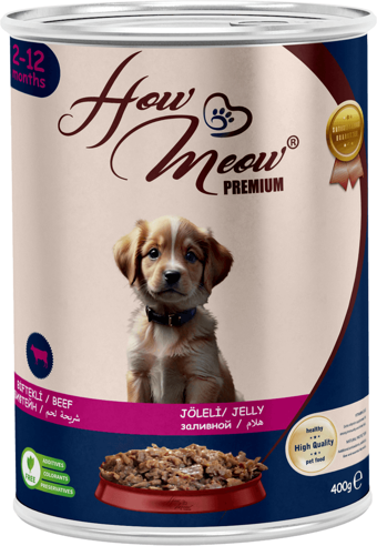 HOW MEOW 12 ADET JÖLELİ PARÇA ETLİ YAVRU KÖPEK YAŞ MAMASI BİFTEKLİ 400 GRAM