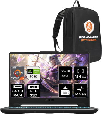 ASUS Tuf Gaming A15 R5 7535Hs 64 GB 4 TB SSD Rtx3050/4 GB 144Hz 15.6" FHD Fdos Hn049 & Per4 Çanta