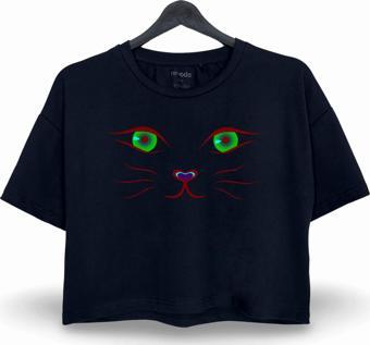 Kedi gözü Baskılı Oversize Crop Tişört