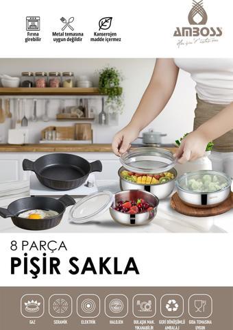 8 Parça Pişir Sakla Sahan & Paslanmaz Çelik Saklama Kabı