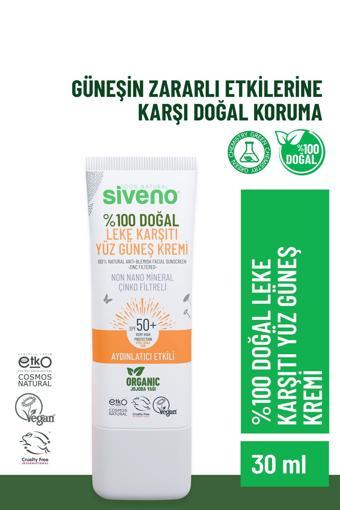 Siveno %100 Doğal Yüz Güneş Kremi Leke Karşıtı Aydınlatıcı Çinko Mineral Filtre UVA UVB SPF 50+ 30 ml