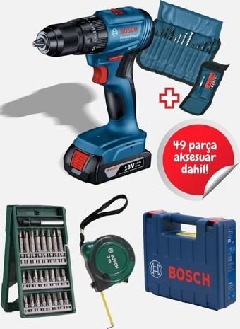 Bosch Gsb 185-Li Tek Akülü Kömürsüz Darbeli Matkap Vidalama Şarjlı Matkap + 49 Parça Uç Aksesuar Seti