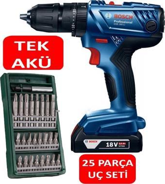 Bosch Tek Akülü Şarjlı Matkap Darbeli Matkap Akülü Vidalama 18V + Bosch 25 Parça Matkap Vidalama Ucu