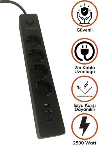 Mbb E-Ticaret Termak Akım Korumalı 4 Priz 3 Usb Girişli Uzatma Kablosu Güç&Şarj