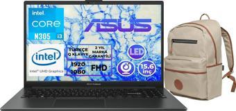ASUS VivoBook Go 15 i3-N305 8GB 512GB SSD 15.6" FHD Freedos Laptop E1504GA-NJ276 005 + Çanta