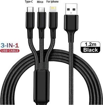 Tmax 3İn1 Hasir Örgü Kali̇Teli̇ Usb 1.2Cm Şarj Kablosu --3.4A