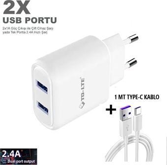 Tmax 5V 2.4A Çift Usb Çıkışlı Şarj Cihazı 1Mt Type-C Kablo.
