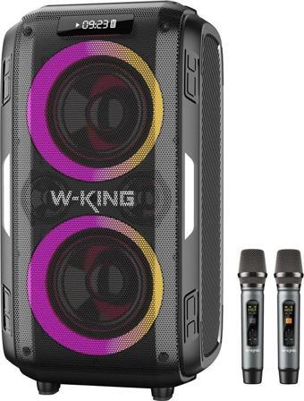 W-King T9PRO Çift Mikrofonlu Bluetooth Hoparlör 250W Işıklı Karaoke Partybox IPX5 Kablosuz Ses Bombası Siyah