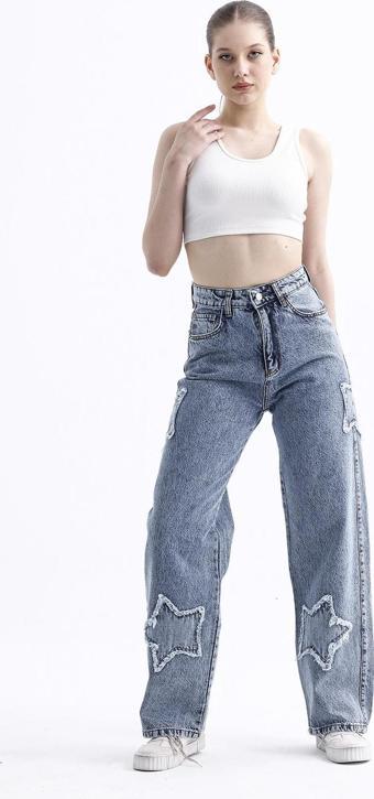 2424 Kadın Yıldız Detaylı Baggy Jeans Kot Denim Pantolon