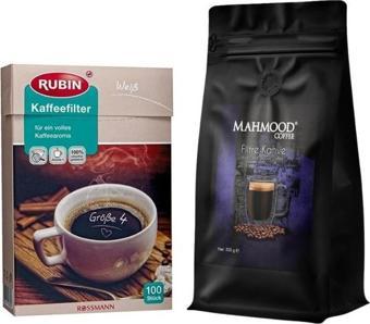 Mahmood Coffee Filtre Kahve 500 Gr ve Rubin Büyük Boy Kahve Filtresi Naturel Kağıt 4 Numara 100'lü