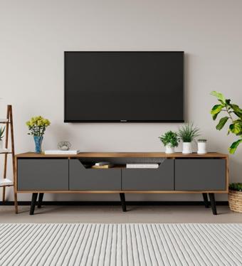 Vm Vertex Mobilya Roma Ahşap Ayaklı Tv Ünitesi Tv Sehpası Ceviz-Antrasit