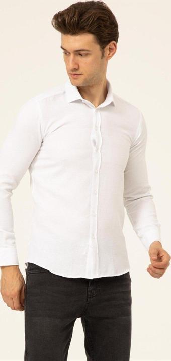 SÜVARİ Köşeli Manşet Slimfit Armürlü Business Beyaz Gömlek