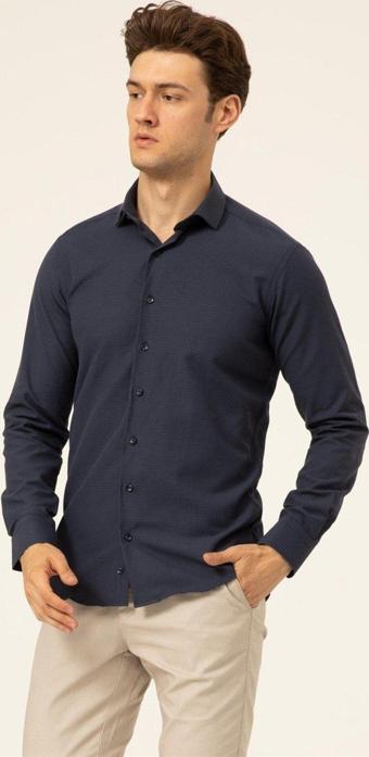 SÜVARİ Köşeli Manşet Slimfit Armürlü Business Lacivert Gömlek