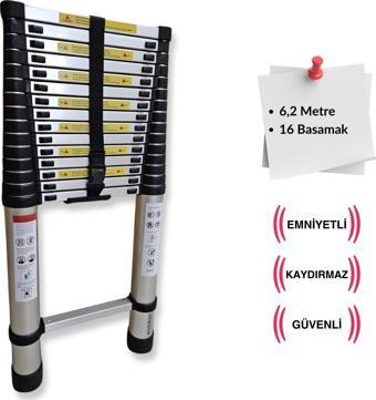 620 cm. - 16  Basamaklı Teleskobik / Teleskopik Alüminyum Merdiven - I Tipi Uzayan Merdiven