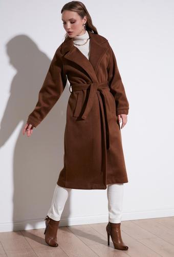 Lela Oversize Kemerli Cepli Kışlık Bayan Kaban 42190454 KAHVE