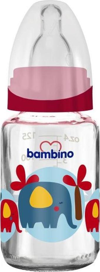 Bambino Cam Biberon 125ml 0+ Ay - Kırmızı - Fil Desenli