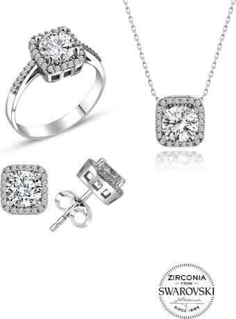Gümüş Swarovski taşlı pırlanta modeli kare üçlü set 
