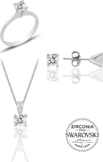Gümüş Swarovski tek taş modeli üçlü set 