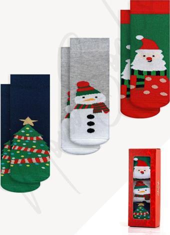 Mono Socks - 3'Lü Çocuk Atkılı Noel Desenli Çorap Yeşil - Lacivert - Gri 1-2 Yaş