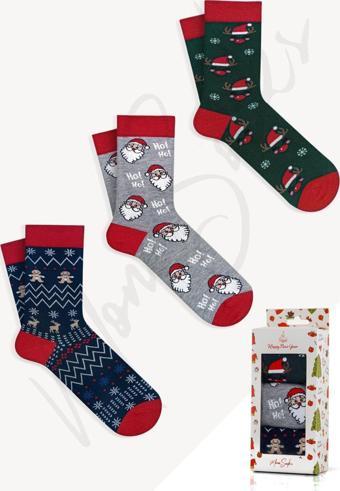 Mono Socks - 3'Lü Hoho Noel Dede Desenli Yılbaşı Hediyelik Çorap Lacivert - Kırmızı 41-46