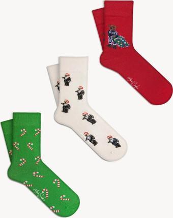 Mono Socks - 3'Lü Teddy Bear Yılbaşı Christmas Çorabı Yeşil - Beyaz - Kırmızı 36 - 40