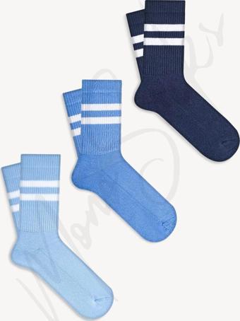 Mono Socks Çizgili Taban Altı Havlu 3'Lü Fitilli Tenis Çorap Mavi 40-44