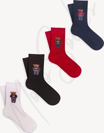 Mono Socks Çocuk 4'Lü Teddy Bear Ayıcıklı Çorap Siyah - Beyaz - Bordo - Lacivert 1-2 Yaş