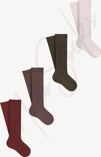 Mono Socks Çocuk Kabartmalı Diz Altı 4'Lü Çorap Kahverengi 7-8 Yaş