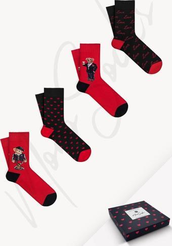 Mono Socks Hediye Kutulu 4'Lü Teddy Bear Sevgililer Günü Çorabı Siyah - Kırmızı Standart