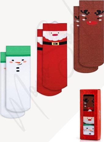 Mono Socks - Çocuk 3'Lü Noel Faces Christmas Çorap Beyaz - Kahverengi 9-12 Yaş