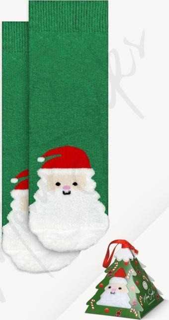 Mono Socks - Tekli Sakallı Noel Baba Yılbaşı Hediyeli Kutulu Çorap Yeşil - Beyaz 3-5 Yaş