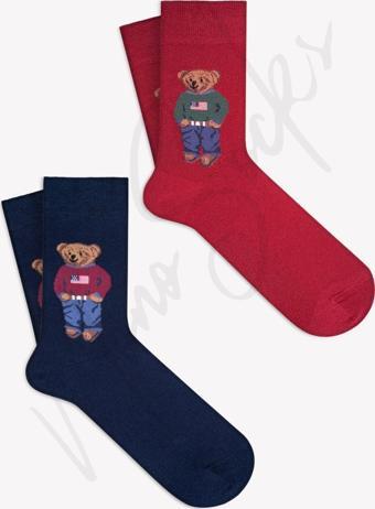 Mono Socks 2 Li Teddy Bear Ayıcık Desenli Çorap Bordo - Lacivert 41-44