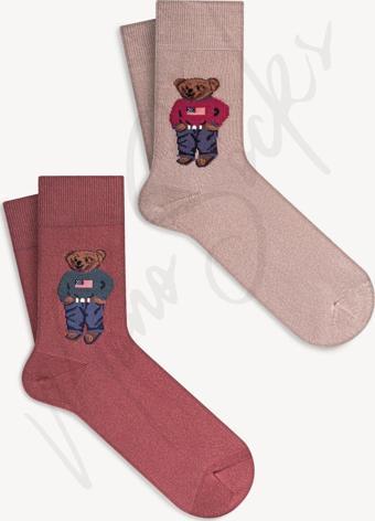 Mono Socks 2 Li Teddy Bear Ayıcık Desenli Çorap Kırmızı - Bej 36 - 40