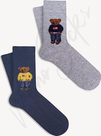 Mono Socks 2 Li Teddy Bear Ayıcık Desenli Çorap Lacivert - Gri 41-44