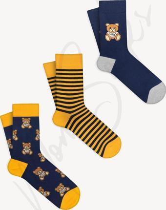 Mono Socks 3 Lü Oyuncak Teddy Bear Ayıcık Desenli Çorap Lacivert - Sarı 41-46