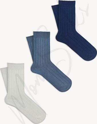 Mono Socks 3'Lü Fitilli Pamuklu Orta Boy Kalın Kışlık Çorap Indigo - Lacivert - Ekru 36 - 40