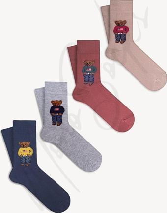 Mono Socks 4 Lü  Ayıcıklı Çorap Lacivert - Gri - Bej - Kırmızı 36 - 40