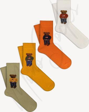 Mono Socks 4 Lü Teddy Bear Çorap Yeşil - Sarı - Turuncu - Beyaz 36 - 40