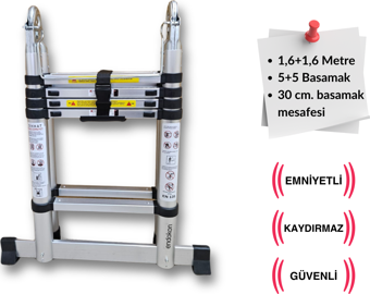 160 + 160 cm. - 5+5  Basamaklı Teleskobik / Teleskopik Merdiven - A Tipi Uzayan Merdiven