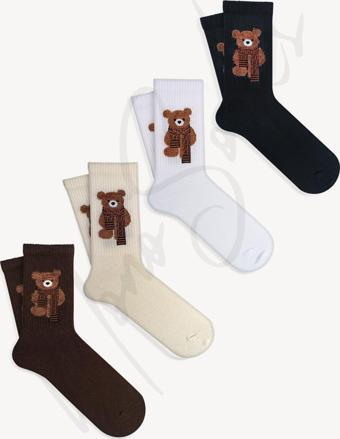 Mono Socks 4'Lü Peluş Teddy Bear Ayı Çorap Kahverengi - Bej - Siyah - Beyaz 36 - 40