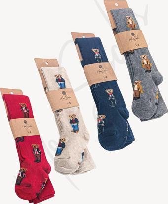 Mono Socks 4'Lü Teddy Bear Ayıcık Desenli Bebek Ve Çocuk Külotlu Çorap Lacivert - Gri - Ekru - Kırmızı 1-2 Yaş