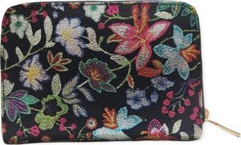 Barse Collection Kadın Siyah Çiçek Desenli Cüzdan Fermuarlı Suni Deri