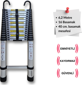  620 cm. - 16 Basamaklı Kancalı Teleskobik / Teleskopik Alüminyum Merdiven - I Tipi Uzayan