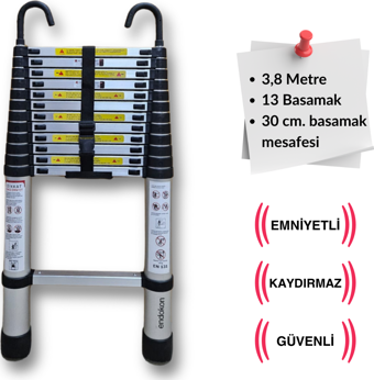 13 basamak - 380 cm. KANCALI Teleskobik / Teleskopik Alüminyum Merdiven - I Tipi Uzayan Merdiven