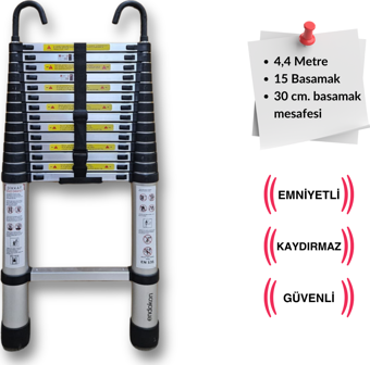 440 cm. - 15  Basamaklı Kancalı Teleskobik / Teleskopik Merdiven - I Tipi Uzayan Merdiven