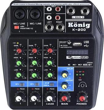 König K-200 Usb-Bt-Delay-Repeat 4 Kanal 48V Phantom Deck Mıxer-Konsol