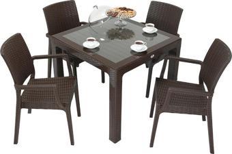 Mandella Elit Rattan 90x90 Elit Koltuk Camlı Masa Takımı KAHVERENGİ